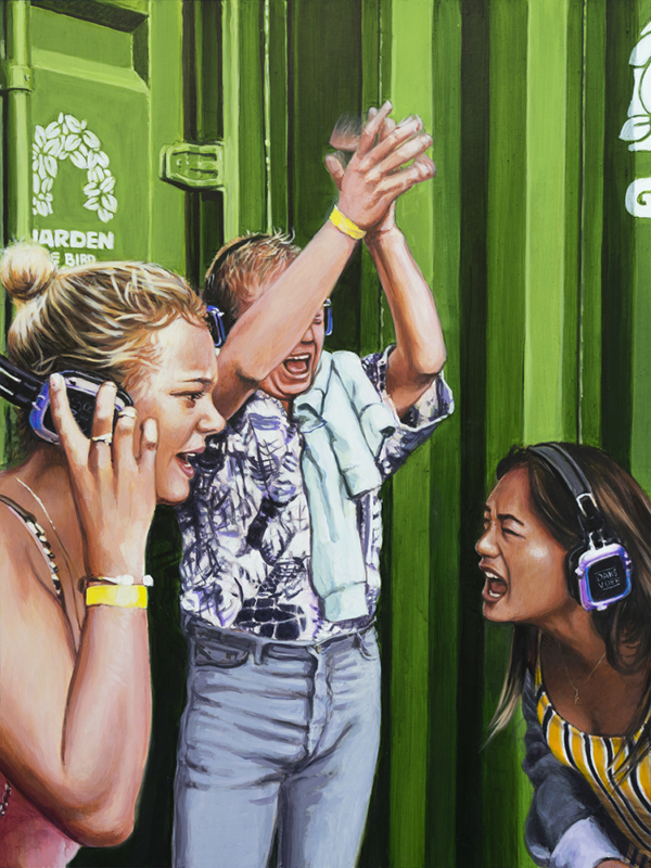 Cor Groenenberg: painting gallery - silent disco, acrylics on paper on dibond, 2018